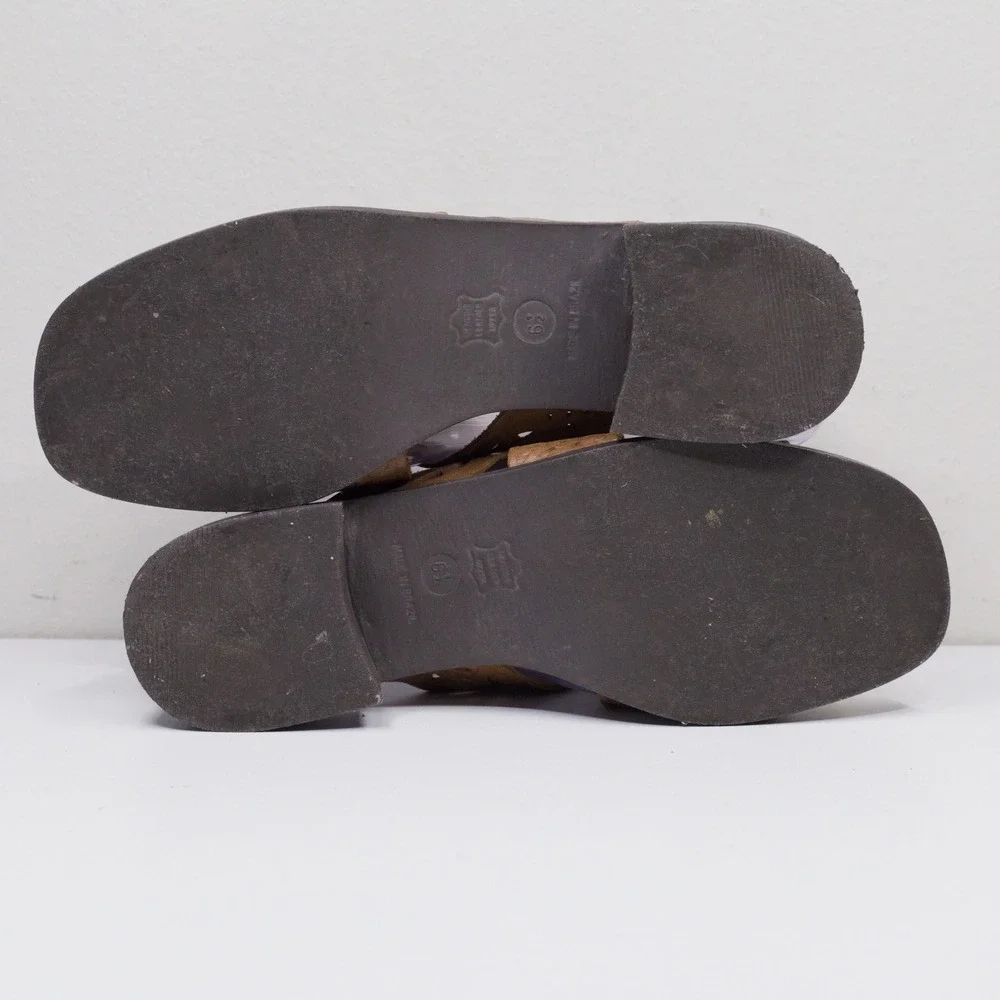 BASIC‎ EDITIONS VTG 90s Leather Cutout Floral Slide Sandals Boho Brown Sz 6.5